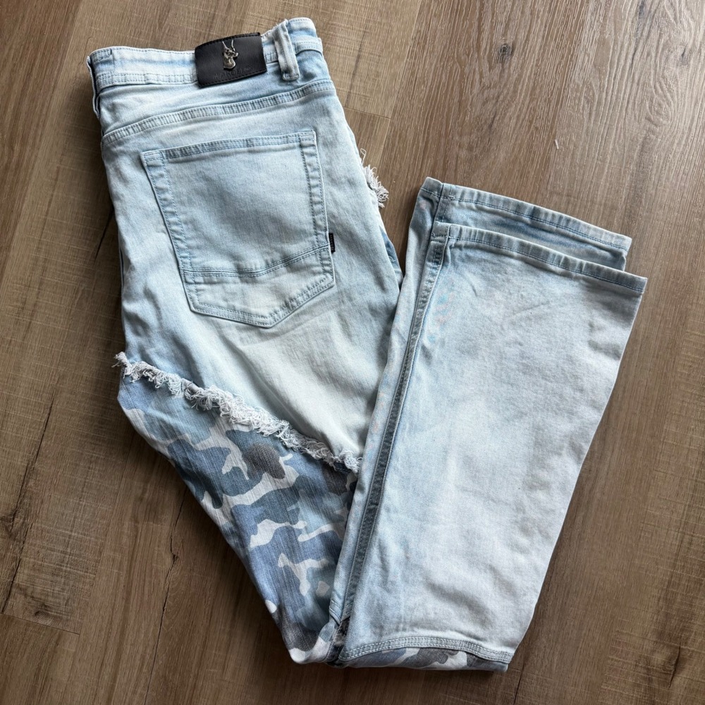 Makobi Mens M1919 Distressed Camo Patchwork Jeans Light Wash Blue 38x35